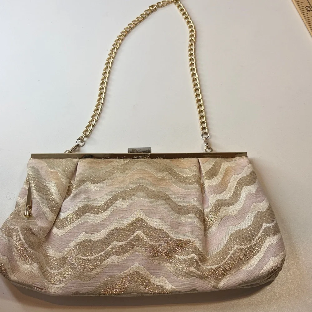 Lilly Pulitzer Gold Shimmer Cream Pink Clutch Bag w golden chain
